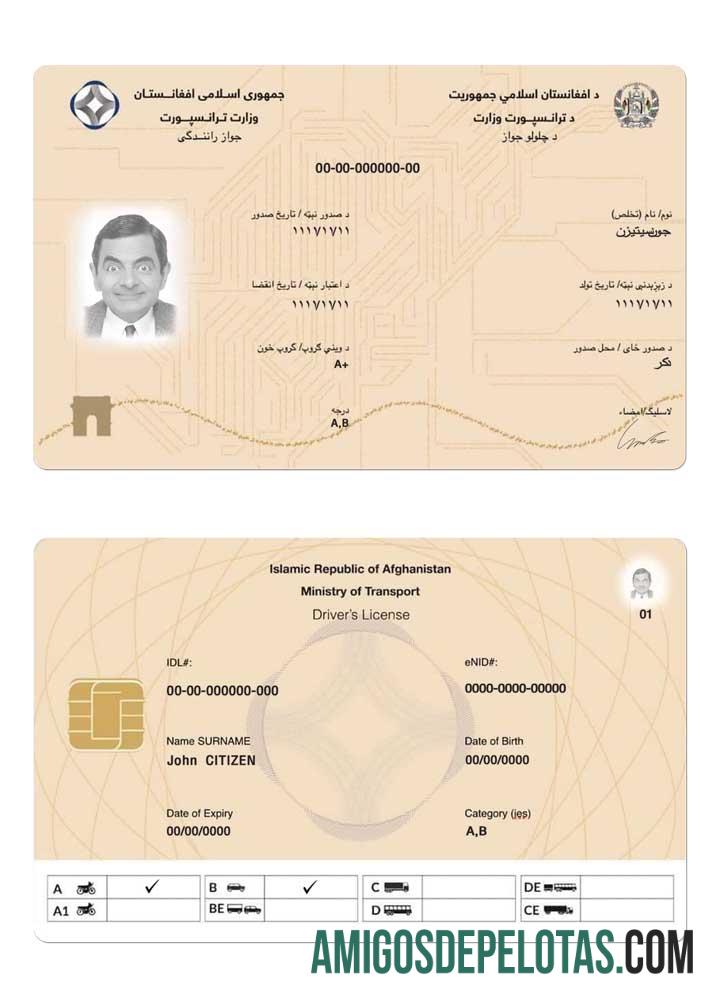 Carta de condução eletrônica do Afeganistão 2019 presente exemplo real